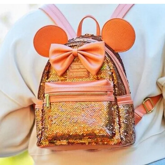 NWT 2024 DISNEY PARKS LOUNGEFLY MINNIE MOUSE PEACH PUNCH SEQUINS - Picture 2 of 5